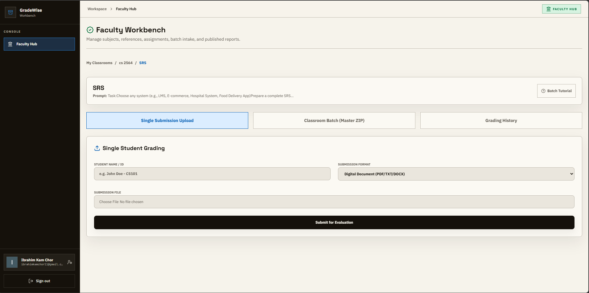 GradeWise faculty workbench screen