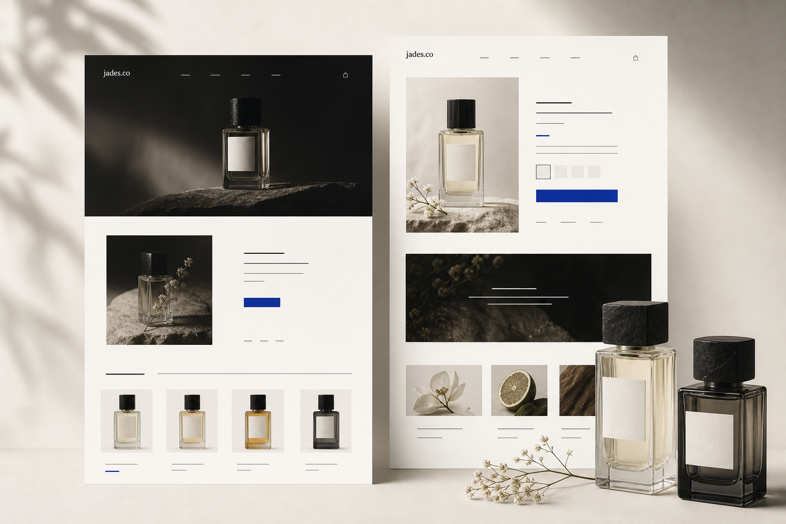 Editorial perfume ecommerce storefront support visual for jades.co